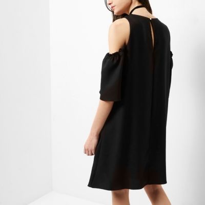 Black cold shoulder swing dress